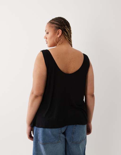 ASOS DESIGN Curve semi sheer plunge scoop neck tank in black, 4 of 4