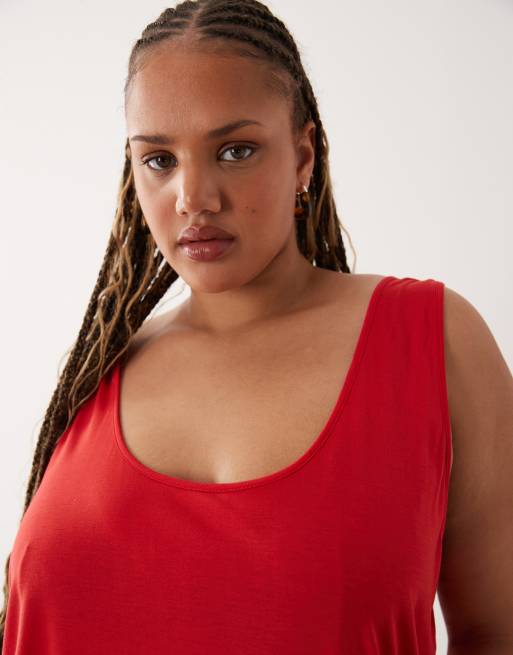 ASOS DESIGN Curve semi sheer plunge scoop neck tank top in red, 3 of 4