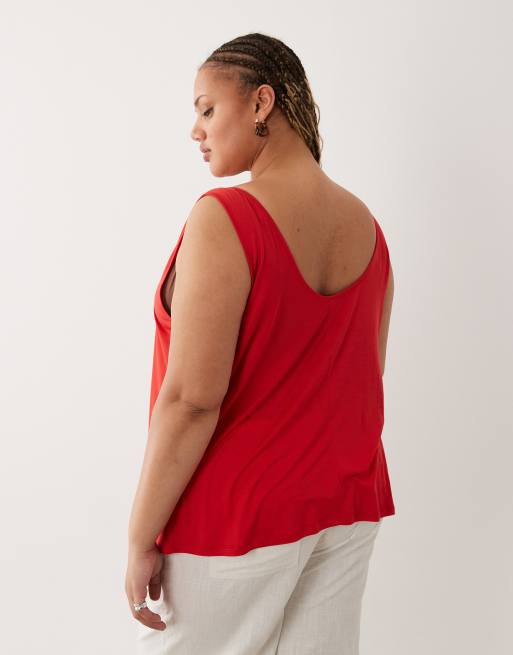 ASOS DESIGN Curve semi sheer plunge scoop neck tank top in red, 4 of 4
