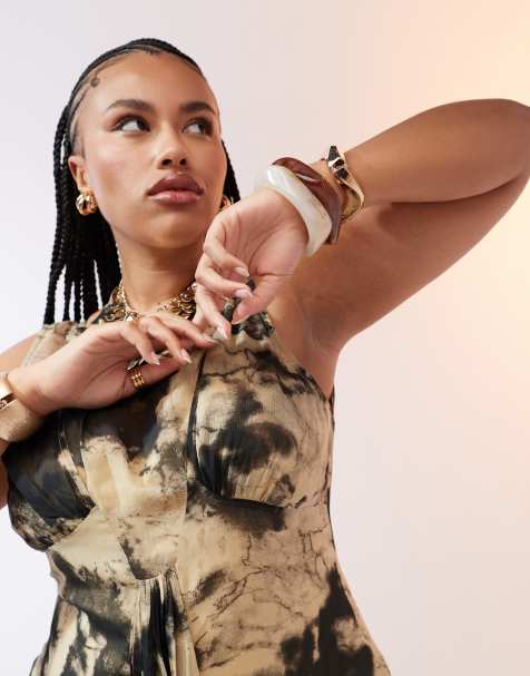 ASOS DESIGN Curve – Senapsgul, abstrakt mönstrad midiklänning i dubbellager med halterneck - view 1