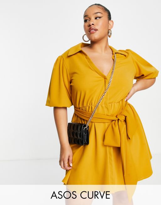 ASOS DESIGN Curve – Senapsgul skjortklänning i minilängd med skärp