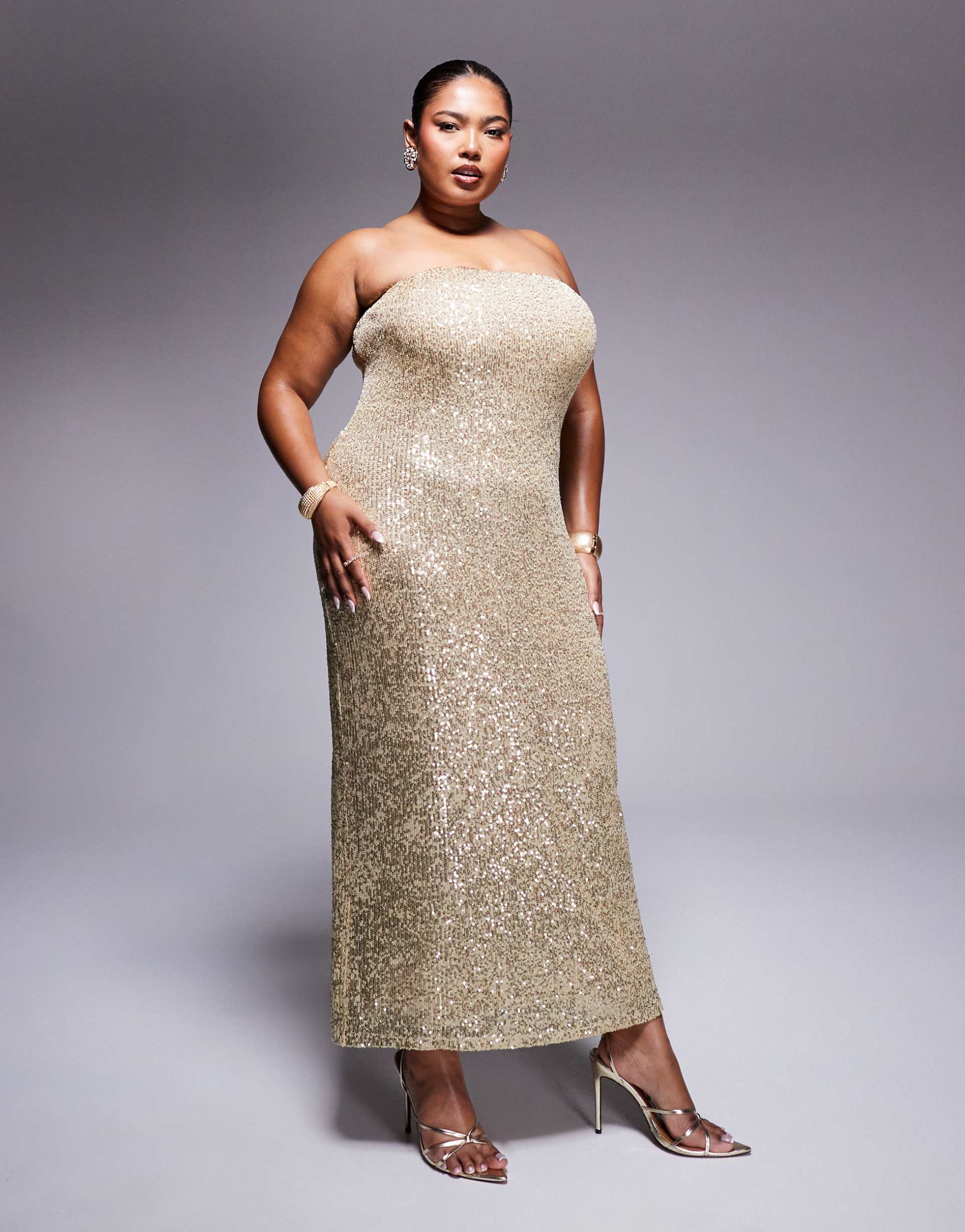 asos design curve sequin bandeau midi dress in gold