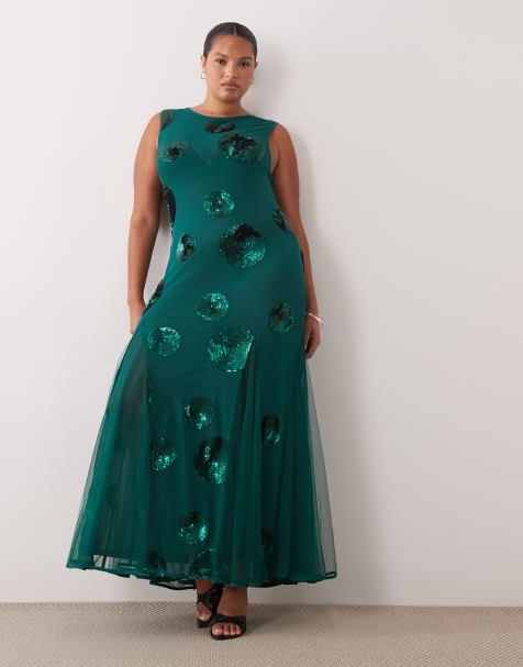 ASOS DESIGN Curve sequin embellished maxi dress in teal polka dots - view 1