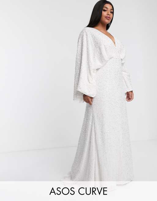 ASOS DESIGN Curve sequin kimono sleeve wedding dress WHITE