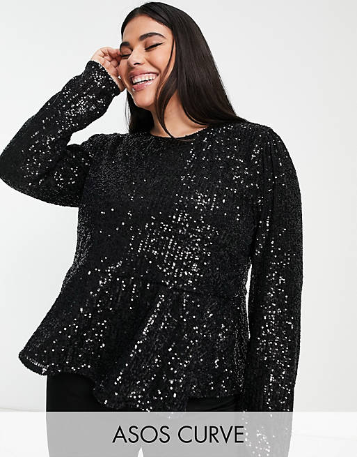 Tops Shirts & Blouses/Curve sequin long sleeve smock in black 