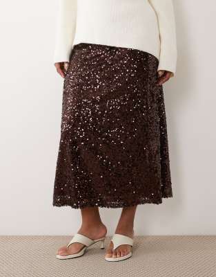 Asos Curve Asos Design Curve Sequin Midi Skirt In Brown