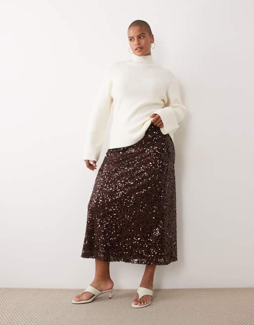 ASOS DESIGN Curve sequin midi skirt in chocolate, 2 of 5