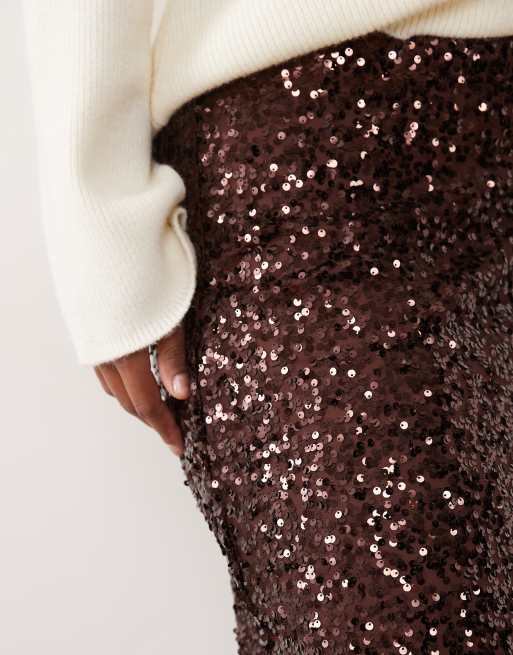 ASOS DESIGN Curve sequin midi skirt in chocolate, 3 of 5