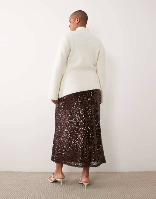 ASOS DESIGN Curve sequin midi skirt in chocolate, 5 of 5