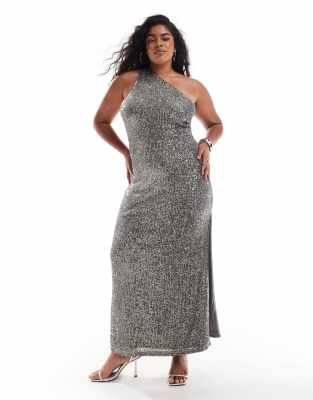 ASOS DESIGN Curve sequin one shoulder maxi dress with back strap detailing in silver