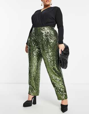 Asos Design Sequin Slouchy Pants In Khaki-green