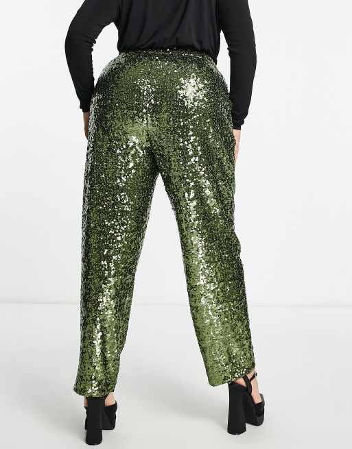 ASOS DESIGN Curve sequin slouchy pants in khaki, 4 of 4