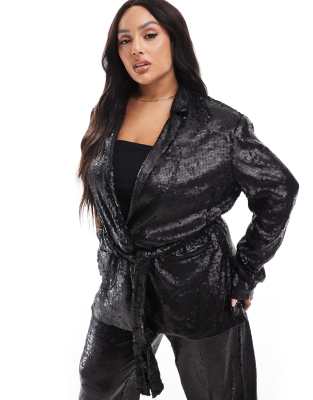 ASOS DESIGN Curve sequin tie waist blazer in black