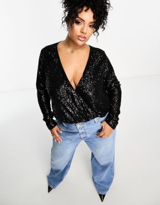 Asos Design Curve Sequin Wrap Bodysuit With Blouson Sleeve In Black