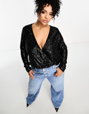 ASOS DESIGN Curve sequin wrap bodysuit with blouson sleeve in black