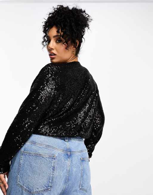 ASOS DESIGN Curve sequin wrap bodysuit with blouson sleeve in