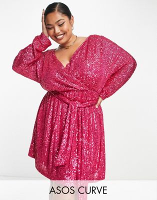 ASOS DESIGN Curve sequin wrap mini dress with belt in pink | ASOS