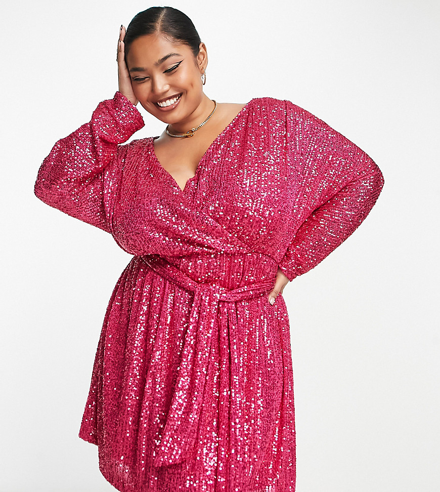 ASOS DESIGN Curve sequin wrap mini dress with belt in pink
