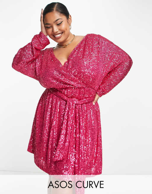 ASOS DESIGN Curve sequin wrap mini dress with belt in pink