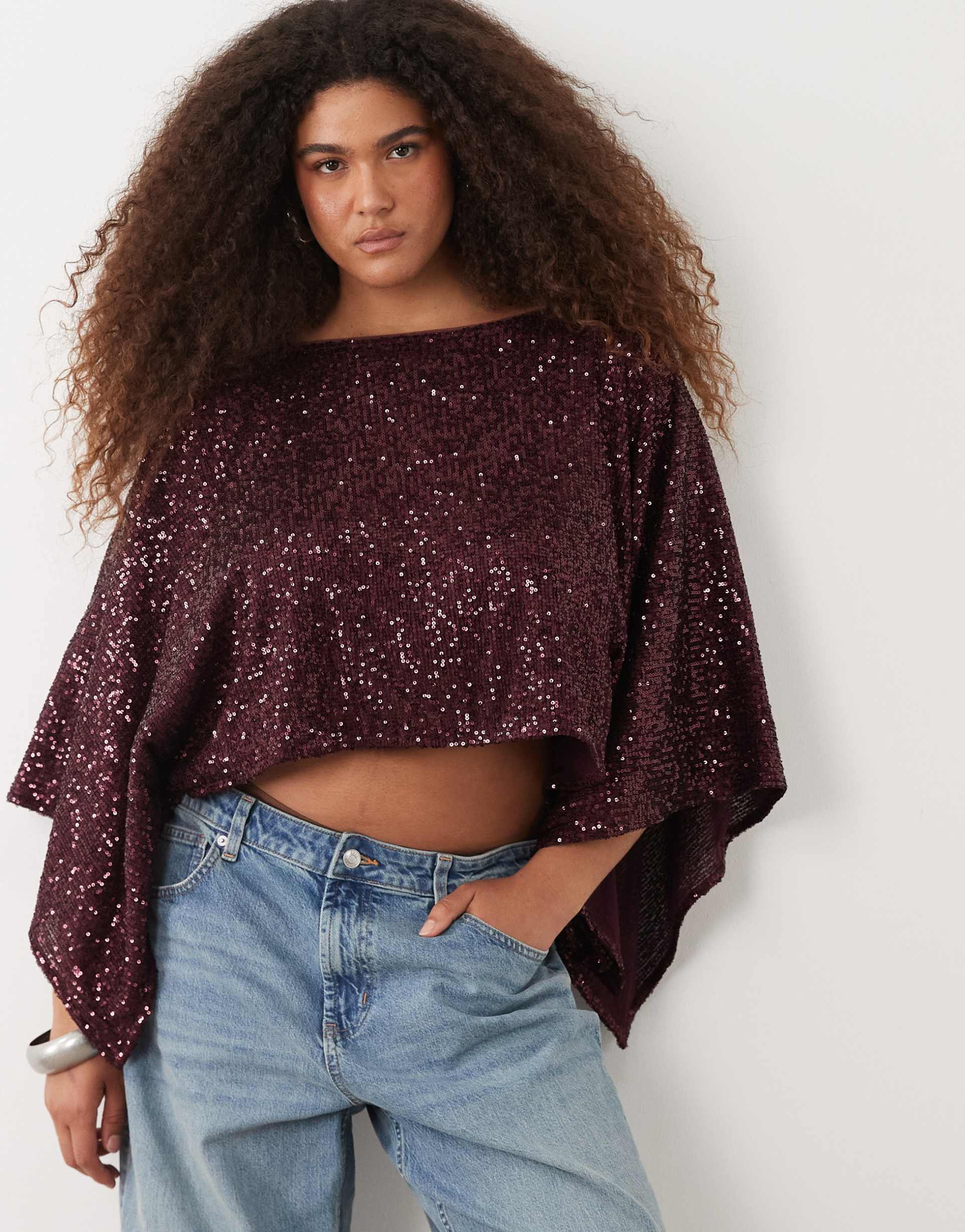 asos design curve sequined cape top in berry