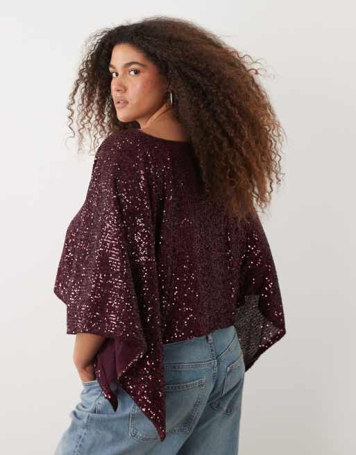 ASOS DESIGN Curve sequined cape top in berry, 4 of 4