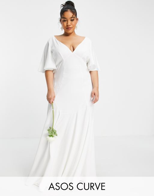 ASOS DESIGN Curve Serenity satin wedding dress with flutter sleeve ASOS