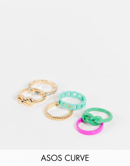 ASOS DESIGN Curve – Set aus 6 goldfarbenen Ringen mit verschieden farbigen Emaille-Details