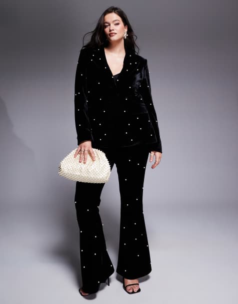ASOS DESIGN Curve – Set aus Samt mit Hose und Blazer mit Perlenverzierung - view 1