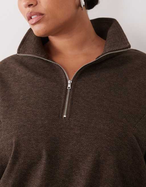 ASOS DESIGN Curve set borstad vindjacka med halv dragkedja i brun fiskbensmönstrad, 2 av 4