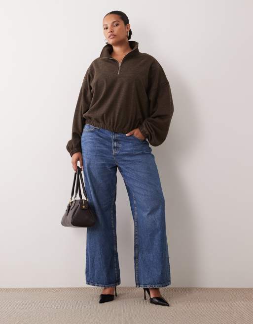 ASOS DESIGN Curve set borstad vindjacka med halv dragkedja i brun fiskbensmönstrad, 3 av 4