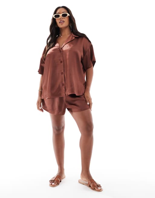 ASOS DESIGN Curve set in brown satin