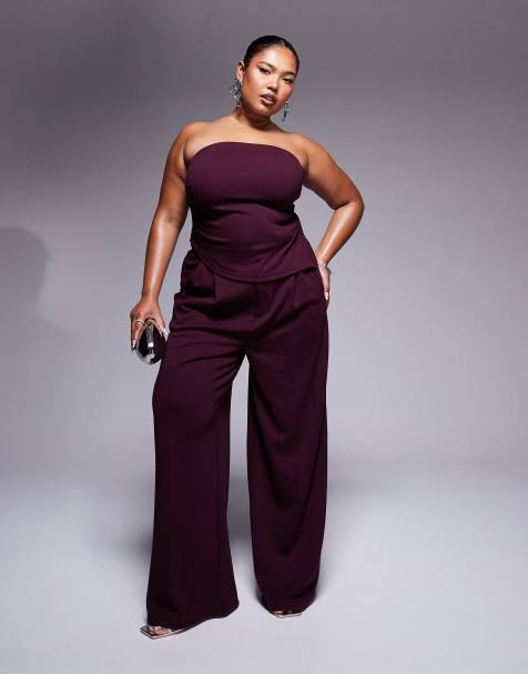 ASOS DESIGN Curve – Set in Burgunderrot aus trägerlosem Oberteil mit seitlicher Raffung und Hose - view 1