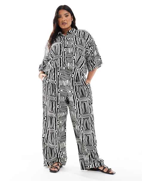 ASOS DESIGN Curve – Set mit schwarz-weißem Print bestehend aus Cropped-Hemd und Hose zum Reinschlüpfen - view 1