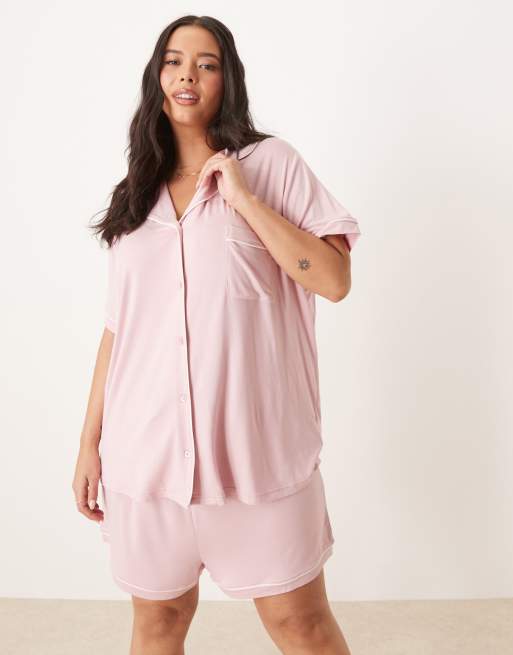 ASOS DESIGN Curve - Set pigiama rosa polvere ultra morbido con camicia a maniche corte e pantaloncini