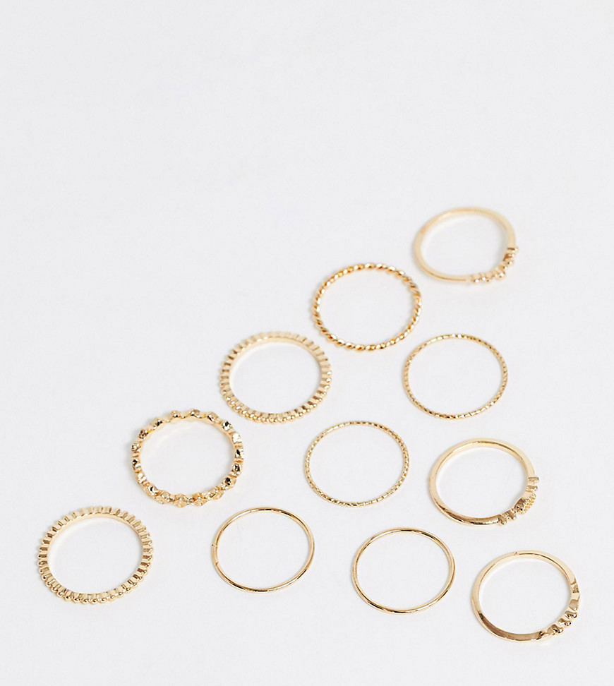 ASOS DESIGN Curve - Set van 11 ring met gegraveerde bal- en diamantvormige ontwerpen in goudkleur