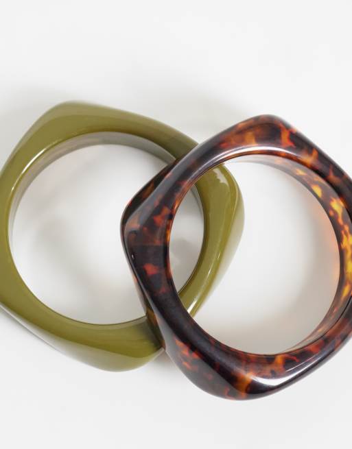 ASOS DESIGN Curve set van 2 armbanden in kaki en tortoisehars, 3 van 3