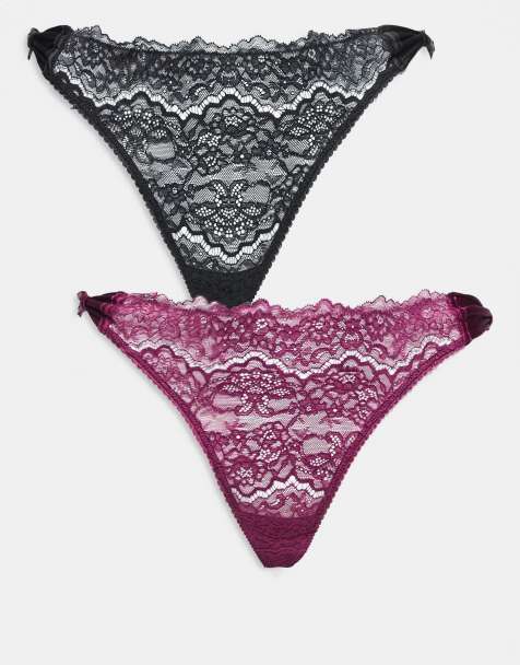 ASOS DESIGN Curve - Set van 2 kanten strings met strikdetails in magenta en zwart - view 1