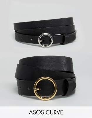 ASOS DESIGN Curve - Lot de 2 ceintures taille et hanches pour jean avec boucle ronde - Noir