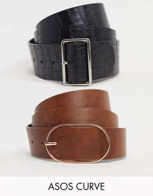 ASOS DESIGN Curve - Lot de 2 ceintures taille et hanches imitation crocodile - Fauve-Multi Multi
