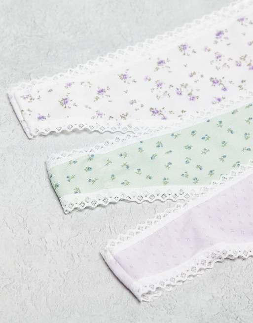 ASOS DESIGN Curve - Set van 3 strings met kanten rand in fijne print en ajourgebreid lila, 3 van 3
