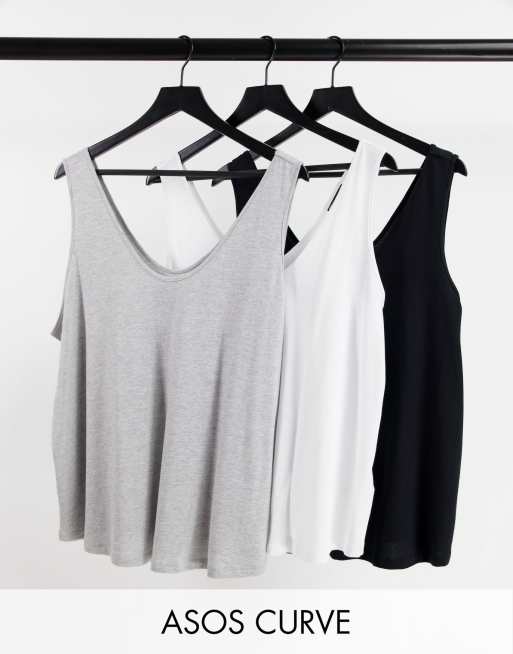ASOS DESIGN Curve - Set van 3 ultieme hemdjes met lage ronde hals van katoenmix - VOORDEEL - MULTI