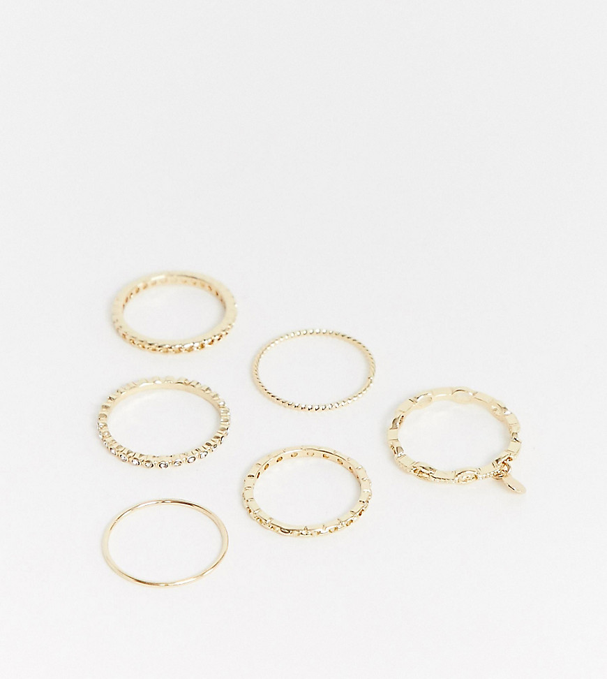 ASOS DESIGN - Curve - Set van 6 ringen met open schakeldesign met muntjes in goud