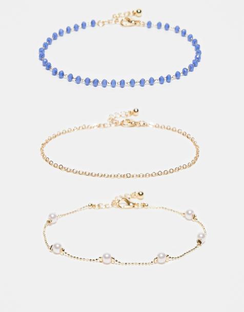 ASOS DESIGN - Curve - Set van enkelbandjes met blauwe kralen en imitatieparels in goudkleur - view 1