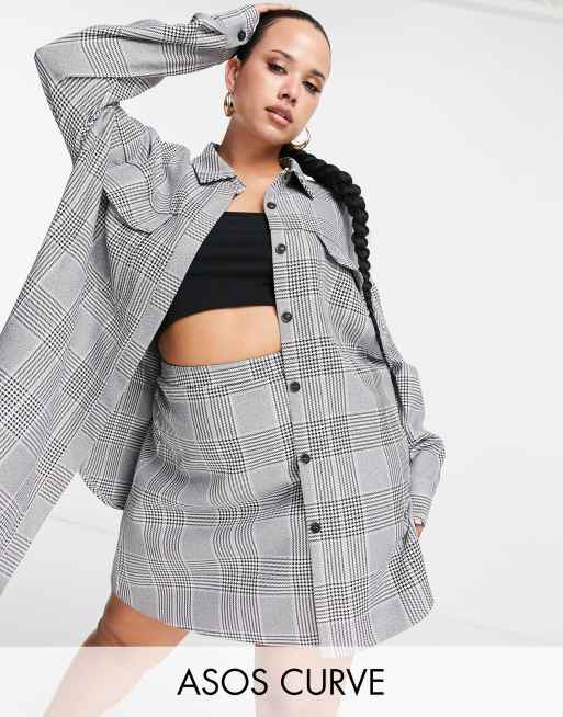 ASOS DESIGN Curve - Shacket in zwart-witt geruit, deel van co-ord set