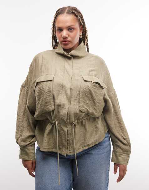 ASOS DESIGN Curve shacket med ståkrave, tekstur og løbesnor i taljen i grøn - view 1