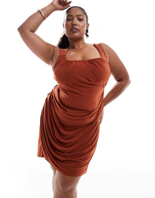 ASOS DESIGN Curve shaped neckline with wide strap with draped skirt mini dress in rust