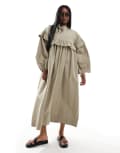[ASOS Curve] ASOS DESIGN Curve shapeless frill smock midi dress with oversized sleeves in roasted cashew-Orange 22 Roasted cashew