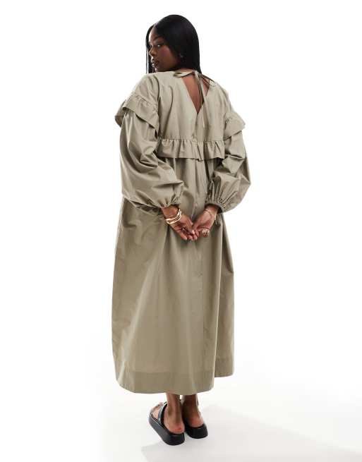 ASOS DESIGN Curve shapeless frill smock midi dress with oversized sleeves in roasted cashew
