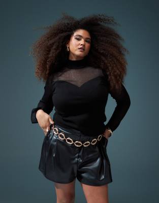 Asos Curve Asos Design Curve Sheer And Solid Sweetheart Neck Top In Black