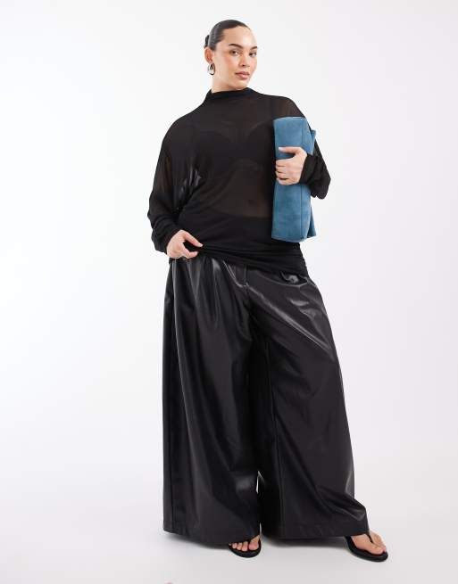 ASOS DESIGN Curve sheer batwing high neck ruched sleeve top in black, 2 of 4